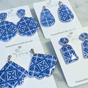 Blue White Earrings - Handmade Clay - Nickel-free - Faux Tile - Greece Italy